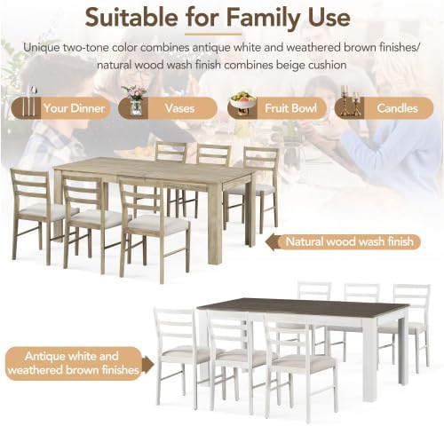 SogesHome 7-Piece Dining Table Set for 6-8 People, Extendable Solid Rubber Wood Kitchen Table with Leaf & 2 Storage Drawers, Chairs with Soft Cushion, Perfect for Kitchen, Dining Room (Natural)