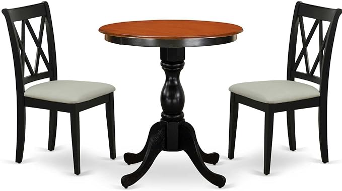 East West Furniture ESBR3-BCH-17 3 Piece Dining Table Set Contains a Round Dining Room Table with Pedestal and 2 Light Sable Linen Fabric Upholstered Chairs, 30x30 Inch, Black & Cherry
