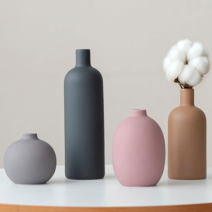 Modern Ceramic Vase Set, Neutral Colors, Decorative Vases for Home Shelf Decor, 4 Piece Collection (Black Mix Set 4)