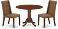 East West Furniture DLFL3-MAH-18 3 Piece Dining Set Contains a Round Dining Room Table with Dropleaf and 2 Brown Linen Linen Fabric Upholstered Parson Chairs, 42x42 Inch, Mahogany