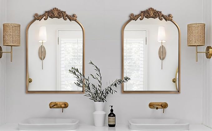 WAMIRRO Antique Mirror,Gold Traditional Vintage Ornate Baroque Arched Brass Wall Mounted Mirrors for Entryway/Fireplace/Living Room/Hallway/Bathroom 19"X27"