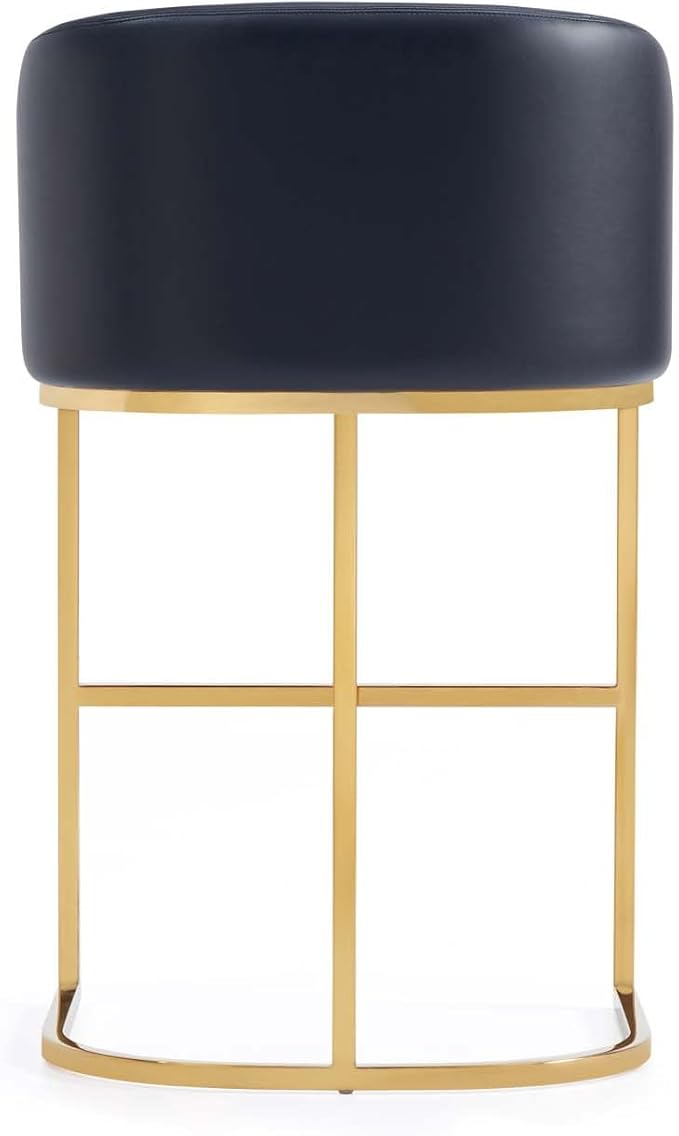 Manhattan Comfort Louvre 26 Inch Mid Century Modern Counter Height Bar Stools - Elegant Faux Leather Padded Seat, Stainless Steel Base with Footrest, Fully Assembled Barstools, Set of 2, Black & Gold