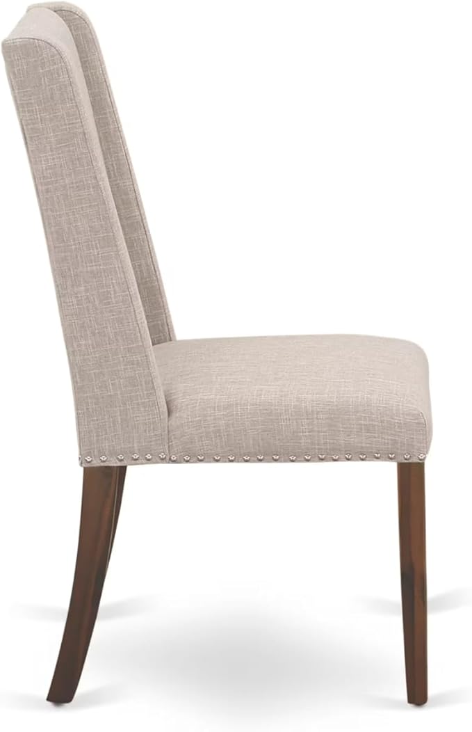 NKFL9-AWA-04-9-Piece Kitchen Table Set Includes a Kitchen Table and 8 Light Tan Linen Fabric Dining Chairs with Padded Chair Back - Antique Walnut Finish.