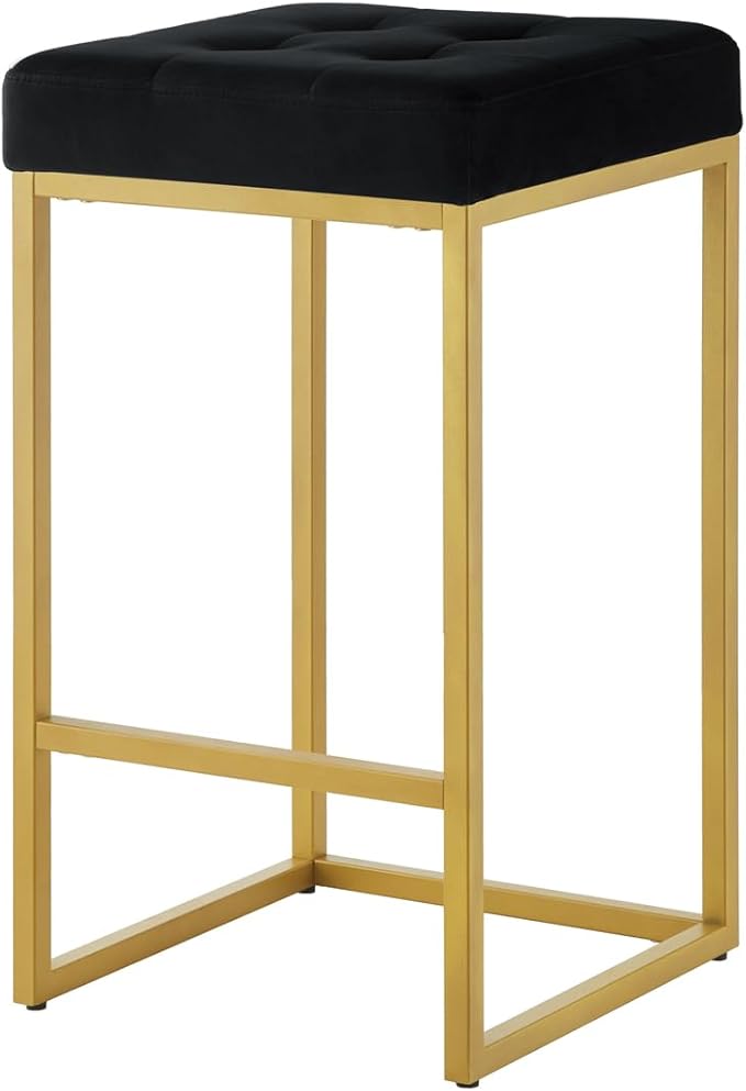 24KF Contemporary Counter Height Bar Stool Set of 2 for Kitchen Island, 26" H Velvet Padded Gold Barstool Bar Chair,5066-Black