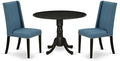 East West Furniture DLFL3-ABK-21 3 Piece Dining Room Table Set Contains a Round Kitchen Table with Dropleaf and 2 Blue Linen Fabric Parsons Dining Chairs, 42x42 Inch, Wirebrushed Black