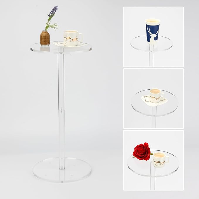 Acrylic Drink End Table, Clear Drink Table for Small Spaces with Anti-Slip Pads, 9.8" Round Modern Side Coffee Table for Living Room/Bedroom/Bathroom/Office/Outdoor/Business (Acrylic, Clear)