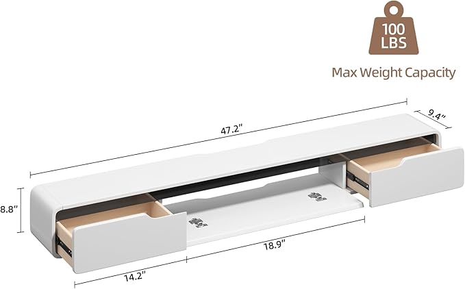 Fully-Assembled Floating TV Stand, 47IN High Gloss Wall Mounted Entertainment Center, Modern Media Console with Storage, Under TV Shelf for Bedroom Living Room White