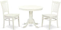 East West Furniture ANGR3-LWH-W 3 Piece Kitchen Table & Chairs Set Contains a Round Dining Room Table with Pedestal and 2 Solid Wood Seat Chairs, 36x36 Inch, Linen White