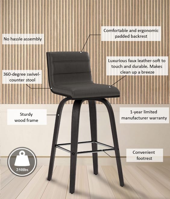 Armen Living Vienna 26" Swivel Counter Stool in Black Wood Finish with Gray Faux Leather - Set of 2