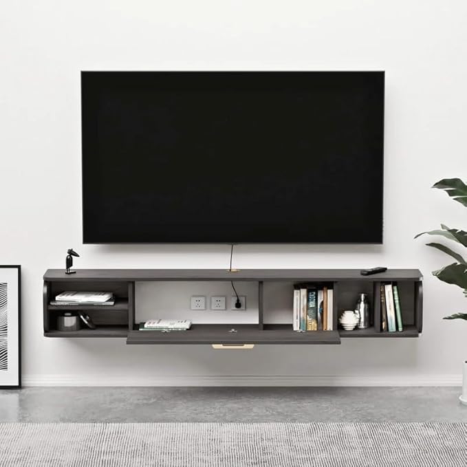 Floating TV Unit, 47'' Wall Mounted TV Cabinet, Floating Shelves with 4 Cabinets, Wooden Entertainment Media Console Center Large Storage TV Bench for Living Room & Office (47IN, Dark Grey)