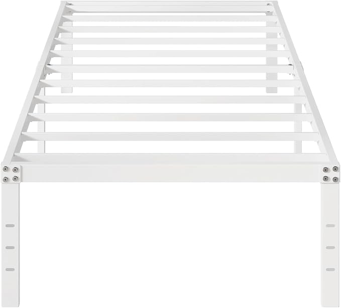 16 Inch White Twin Bed Frames No Box Spring Need, Metal Platform Bed Frame Twin Size Heavy Duty Mattress Foundation, Eassy Assembly 2,500 lbs Steel Slats Support