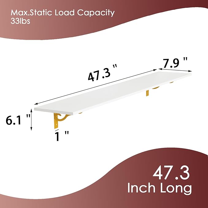 DINZI LVJ Long Wall Shelves, 47.3" Wall Mounted Shelves Set of 4, Wide Floating Shelf with Metal Brackets, for Living Room, Bathroom, Bedroom, Kitchen, Office, White and Gold