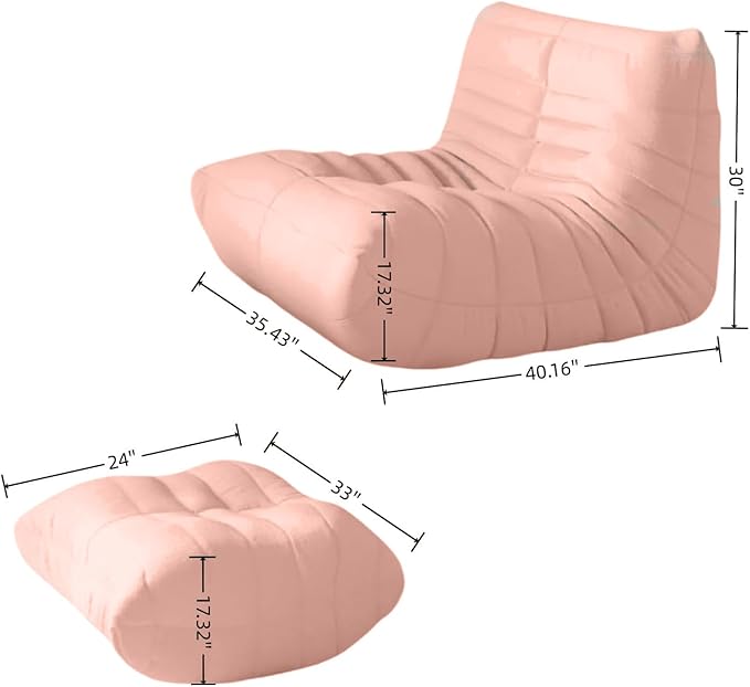Bean Bag Chair - Memory Foam Bean Bag Chair for Adults, Comfy High-Resilience Single Sofa, Small Space Floor Chair, Chaise Lounge for Living Room, Bedroom (Pink, Wrinkles+Ottoman)