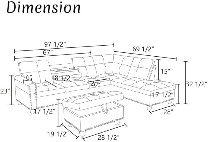 Modern Living Room Furniture Sets with Cup Holder, Modular Sectional Couches with Chaise Lounge, 4-Seaters L Shape Sofa with Storage Ottoman, for Living Room, Faux Leather, Ginger