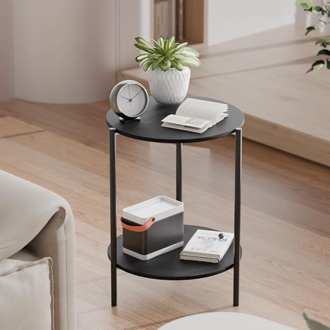 Side Table, Round End Table with 2-Layer Storage Rack, 15.7" Small Spaces Circle Table, Metal Frame Design Small Side Tables, for Living Room, Bedroom, Black