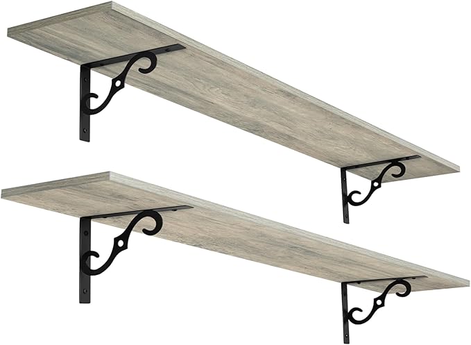 DINZI LVJ Long Wall Shelves, 55.1" Large Floating Shelves Set of 2, Wide Display Shelf Wall Mounted with Brackets, Easy Hanging for Living Room, Toilet, Office, Bedroom, Gray Wash