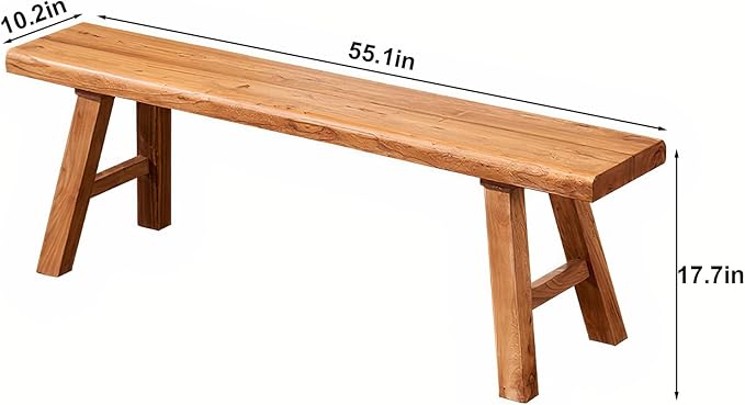 55.1in Wood Bench Indoor – Rustic Farmhouse Entryway Bench, Skinny Bench Design, Made of Extra-Thick Solid Wood, Perfect for Dining Room, Hallway, or End of Bed