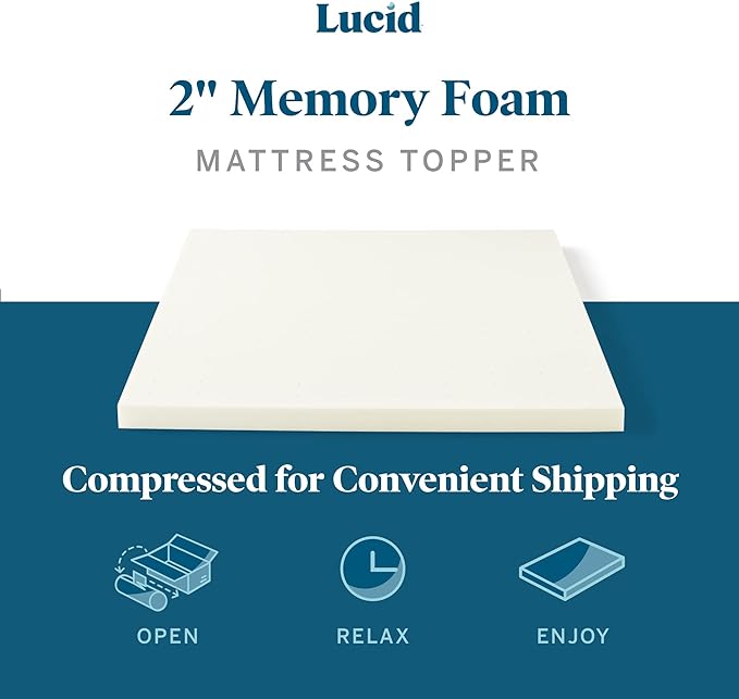 LUCID 2 Inch Traditional Foam Mattress Topper - Hypoallergenic - Ventilated - Conforming Support - Twin