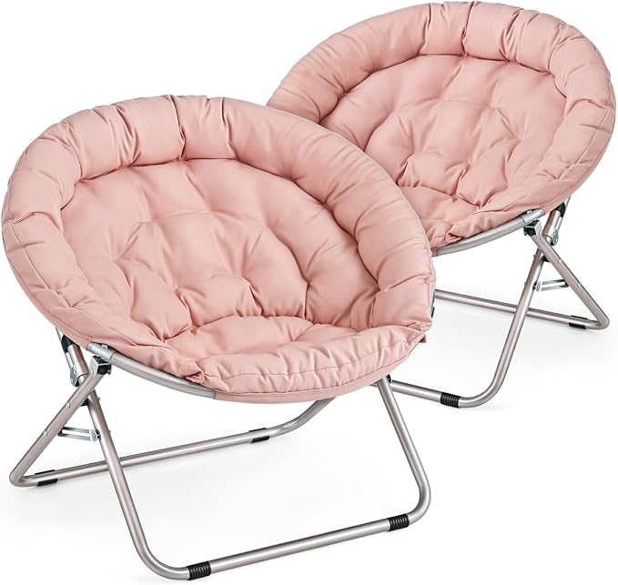 MoNiBloom Round Folding Saucer Chairs Set of 2 for Bedroom Living Room Dorm Foldable Metal Frame Comfy Soft Lounge Lazy Cozy Moon Chairs for Teens (Pink)