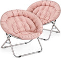 MoNiBloom Round Folding Saucer Chairs Set of 2 for Bedroom Living Room Dorm Foldable Metal Frame Comfy Soft Lounge Lazy Cozy Moon Chairs for Teens (Pink)