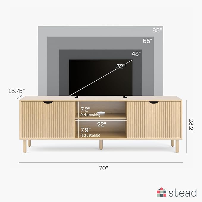 Contemporary Fluted TV Stand, 70 Inches TV Media Console, Supports 32 to 80" TVs, Media Console Cabinet for Living Room and Bedrooms, Soft-Close Cabinet Doors (Light Oak)
