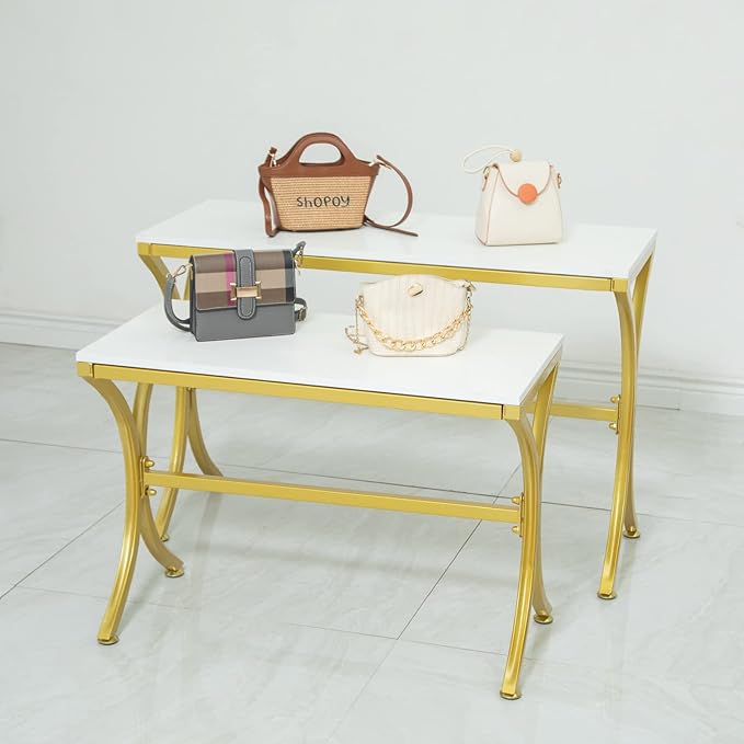 Metal Shoe Handbag Display Stand, Display Riser Shelf for Retail Store, Modern Nesting Tables 2 Piece Set, Iron and Wood, Gold