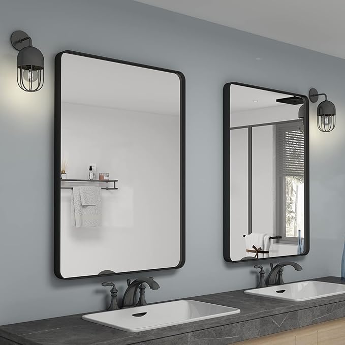 16x24 Inch Black Metal Framed Bathrrom Mirror for Wall, Matte Black Rectabgle Mirror, Rounded Corner, Anti-Rust, Hangs Horizontally or Vertically