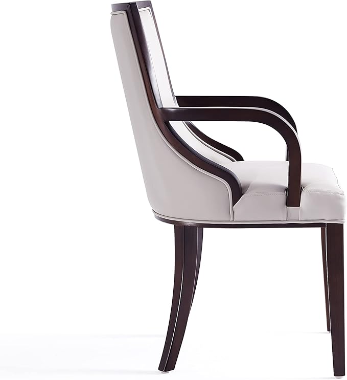 Manhattan Comfort Grand Faux Leather Dining Chairs with Arms, Padded Wingback Seat, Fine Rectangular Stitching and Solid Wood Frame, Set of 2, Light Grey