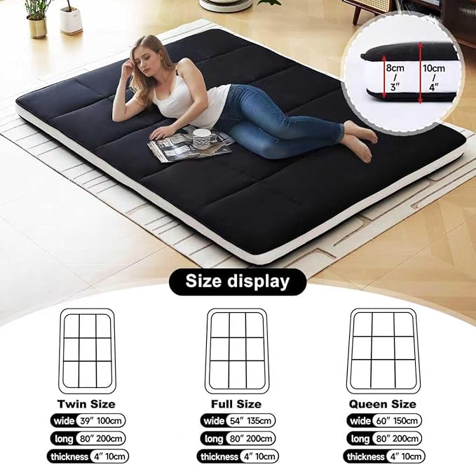 Tiita Japanese Floor Mattress, 4” Thicken Futon Mattress with Storage Bag and 2 Straps，Queen Size Sleeping Tatami Mat for Adults，Black
