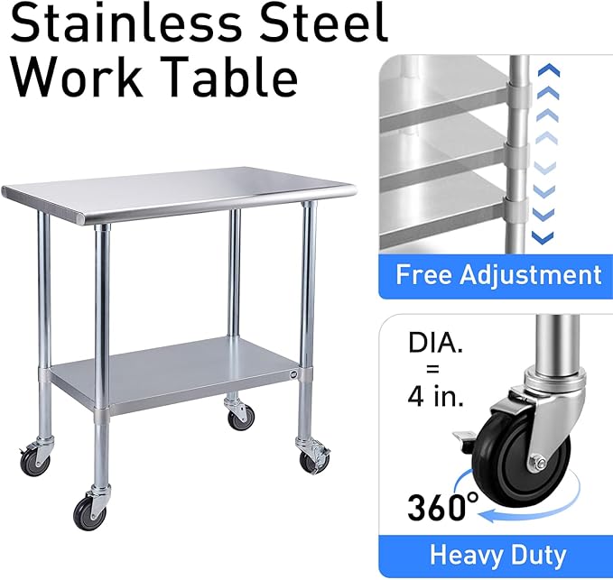 ROCKPOINT Stainless Steel Table for Prep & Work with Caster Wheels 24x30 Inches, NSF Metal Commercial Kitchen Heavy Duty Table with Adjustable Under Shelf and Table Foot for Restaurant, Home and Hotel