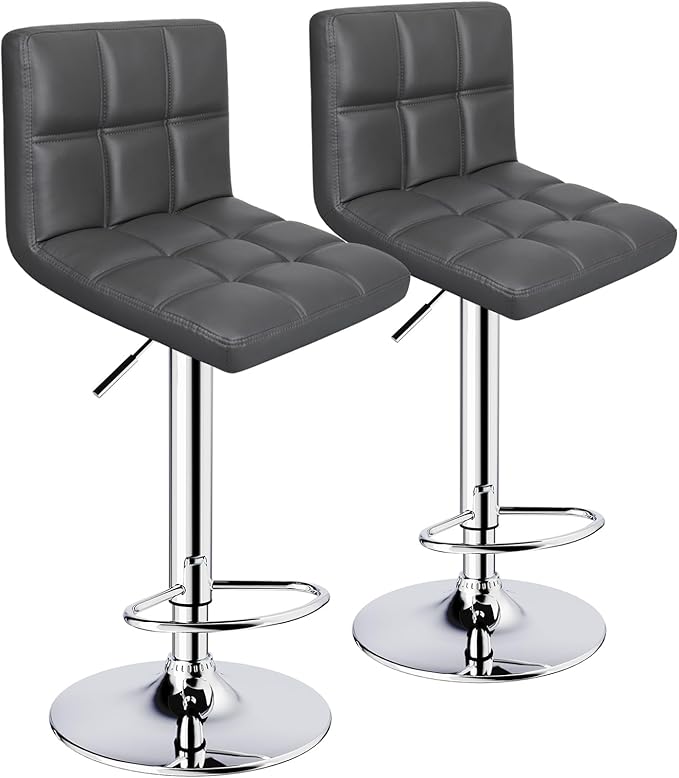 Bar Stools Set of 2, Armless Adjustable Swivel Barstools with Back, Double Needle PU Leather Counter Height Bar Stools for Kitchen Island, Grey