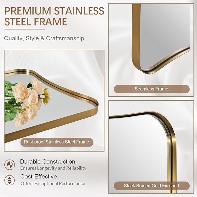 ANDY STAR 24x32 Inch Gold Mirror, Bathroom Vanity Mirror, Antique Brass Butterfly Mirror, Irregular Wall Mirror with Unique Curved Design Ideal for Home Remodel, Anti-Rust 1” Frame