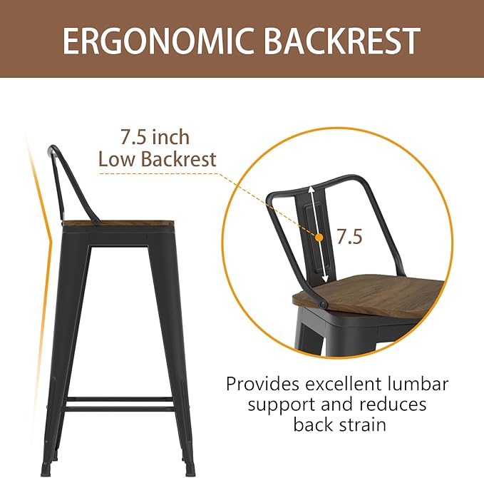 24 Inch Swivel Bar Stools Set of 4, Counter Height Bar Stools with Low Back, Metal Industrial Bar Chairs for Kitchen Island (Matte Black)