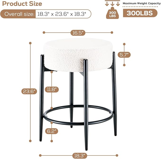 Dining Room Chairs Set of 6, 23.6" Sherpa Backless White Boucle Dining Chair with Black Metal Legs, Mid Century Modern Living Room Round Upholstered Chairs