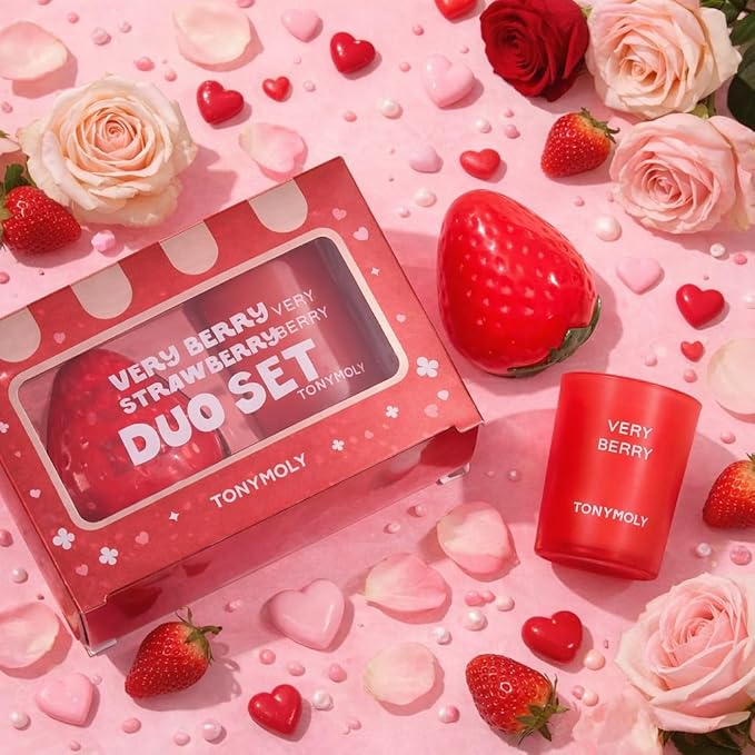 TONYMOLY Very Berry Strawberry Valentine’s Day Gift Set – Hydrating Hand Cream with Sweet Fruity Scent & Limited-Edition Strawberry Candle, Self-Care & Galentine’s Gift for Women