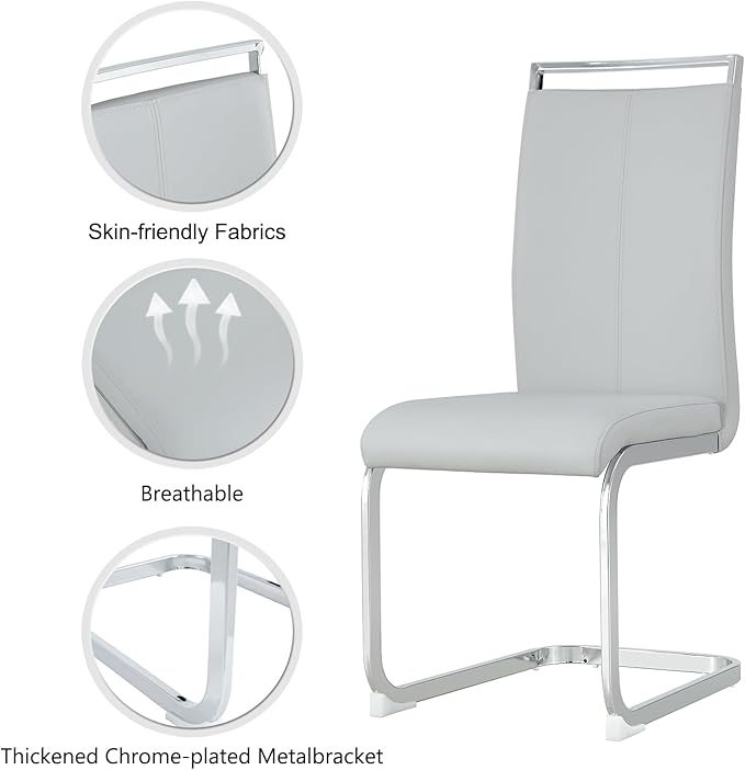 Dining Chairs Set, Kitchen Modern Metal Chairs with Faux Leather Padded Seat High Back and Sturdy Chrome Legs, Chairs for Dining Room (Light Gray, Set of 2)