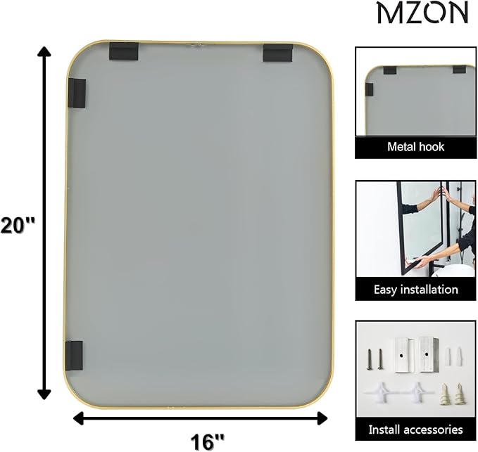 MZON 16x20 Inch Brushed Gold Vanity Mirror, Rectangle Bathroom Mirrors for Over Sink, Anti-Rust Frame & Tempered Glass, Hangs Horizontally/Vertically - Ideal for Small Bathroom or Powder Room