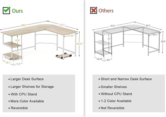 Teraves Reversible L Shaped Desk with Large Surface, 69 Inch Sturdy Corner Desk with Storage Shelves, Premium Office Computer Desk Workstation for Home Office Gaming