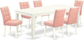 East West Furniture LGAS7-LWH-42 7 Piece Dining Table Set Consists A Wooden Table and 6 Beige Red Polyester Fabric Parson Dining Chairs with Stylish Back- Linen White Finish