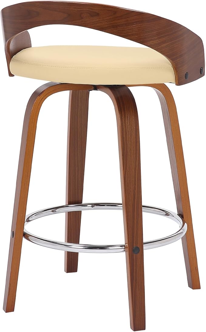 Armen Living Sonia 26" Counter Height Swivel Cream Faux Leather and Walnut Wood Bar Stool
