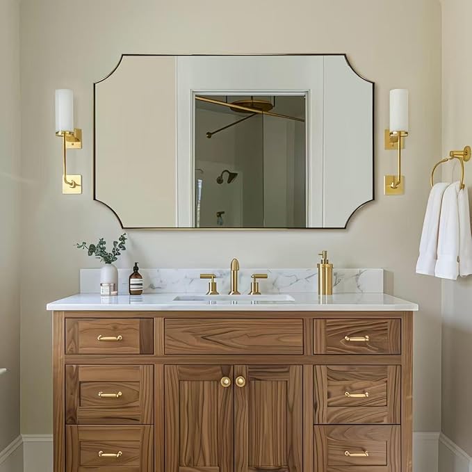 ANDY STAR 30x48 Inch Brushed Gold Mirror, Unique Rectangle Mirror for Bathroom, Large Scalloped Bathroom Mirror with Rust-Proof Stainless Steel 1" Frame, Hangs Vertically or Horizontally
