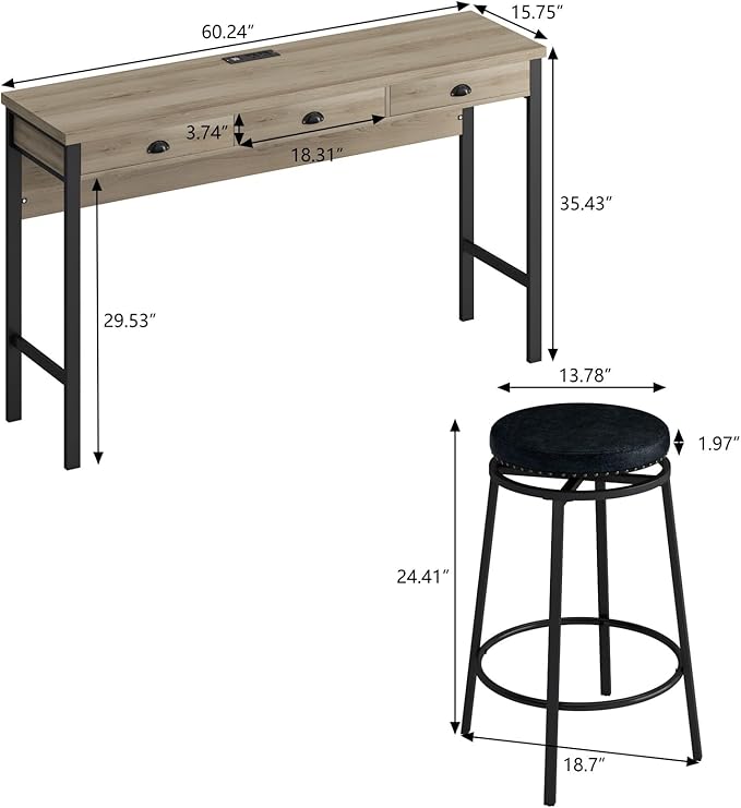 KEIKI 60.24” Long Bar High Top Dining Table and 3 Stools Chairs Set with Drawer & Power Outlet, Wood Behind Couch Sofa Counter Height Pub Furniture for Breakfast, Kitchen Living Party Room, Black