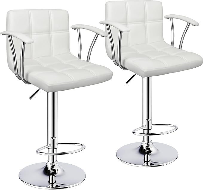 Bar Stools Set of 2,Armrest Adjustable Swivel Barstools with Back,Double Needle PU Leather Counter Height Bar Stools for Kitchen Island, White