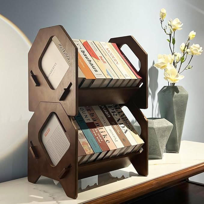 2 Pack Desktop Bookshelf, Stackable Book Organizer with Handle, Storage Rack for CD/Magazine/File Folder, Portable Small Bookshelf for Study, Living Room, Kid's Room, No Nails, Medium Size
