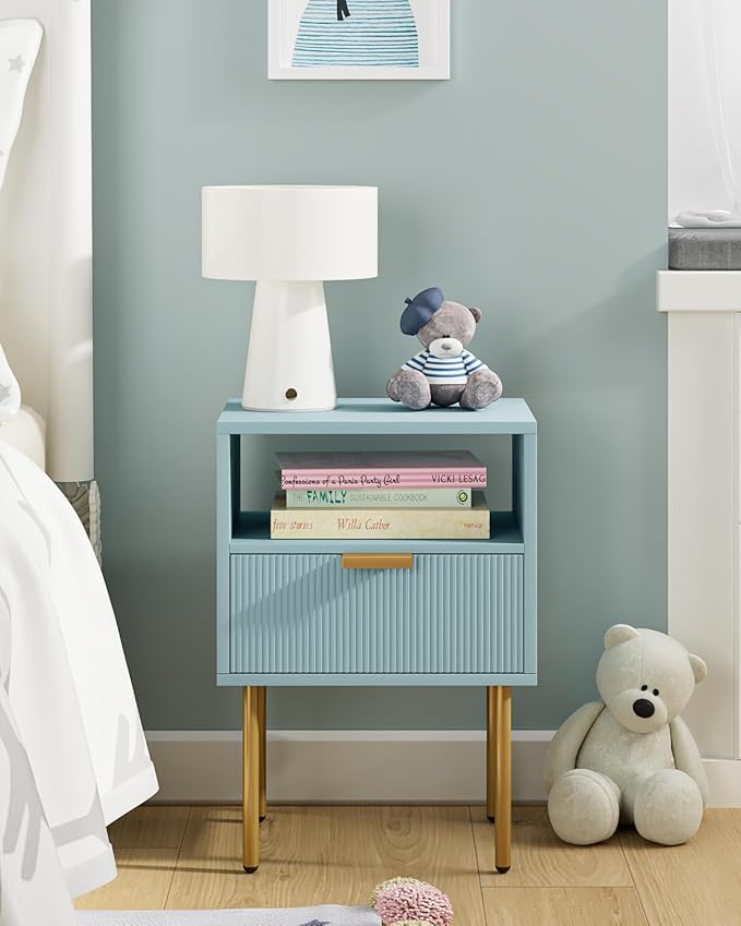 Nightstand,Morden Bedside Table with Gold Frame,Small White Night Stand,End Table,Bedside Furniture,Side Table with Drawer and Shelf for Bedroom,Living Room (1Drawer, Blue)