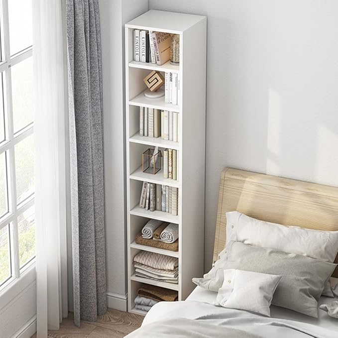 IOTXY Small Narrow Corner Bookcase - 71 Inches Tall Gap Freestanding Storage Cabinet, 7 Lattices Open Shelves Tower Rack with Door, Cubes Bookshelf in Oak