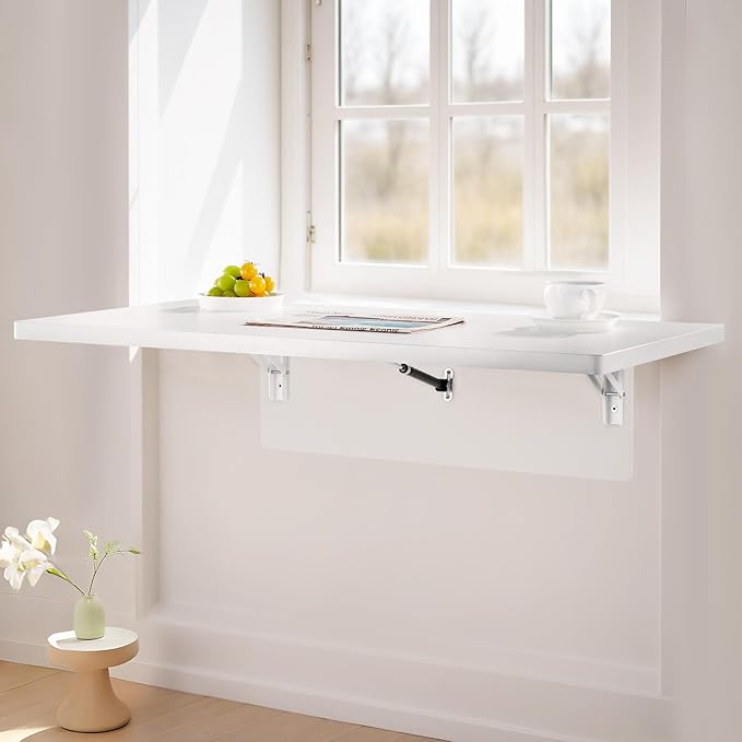 VEVOR Wall Mounted Folding Table, 35.4 x 19.7 inches Wall Mount Table, Floating Desk with Iron Bracket for Small Spaces, Home Office, Dining, Laundry Room, Kitchen, Bar, White