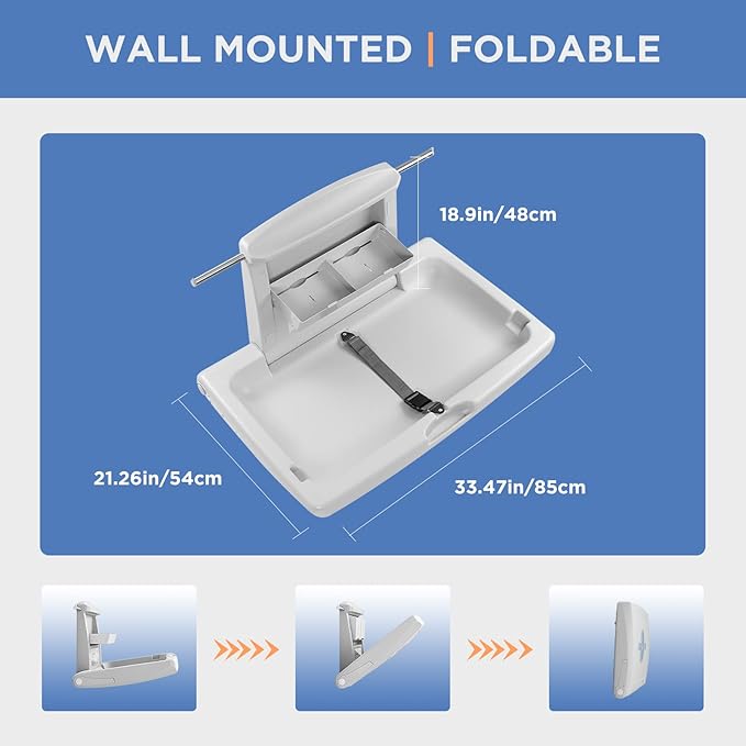 Commercial Baby Changing Station, Wall Mounted Horizontal Baby Changing Table with Safety Strap, Foldable Diaper Tables for Bathroom, White