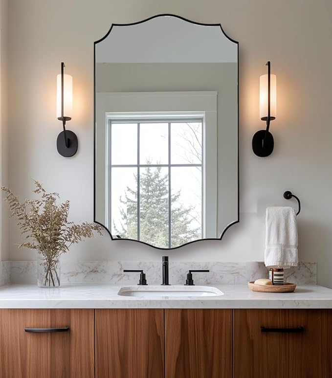 ANDY STAR Rectangle Mirror 24x40 Inch, Matte Black Scalloped Bathroom Mirror, Unique Rectangle Mirror for Bathroom, Powder Room, Entryway (Vertical or Horizontal)