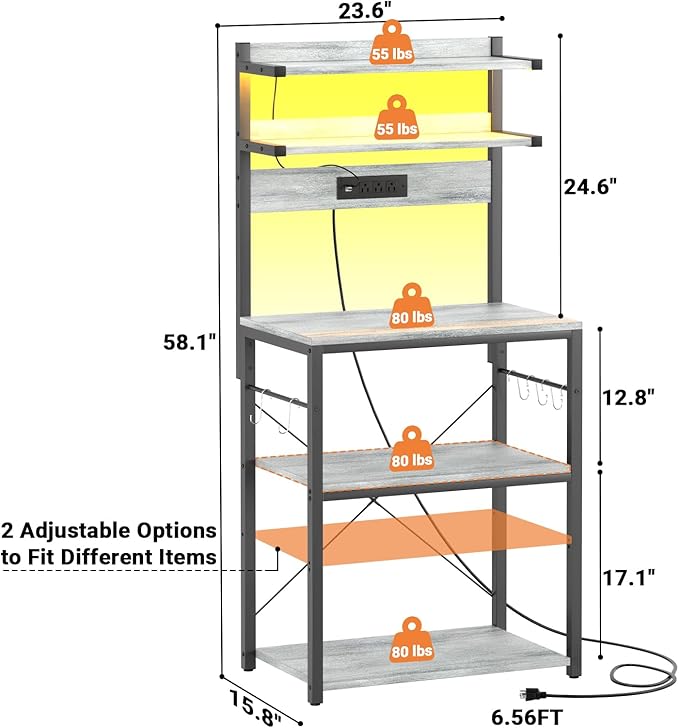 Aheaplus Bakers Rack with Power Outlet, Microwave Stand, 5 Tiers Coffee Bar Station with Led Lights, Kitchen Storage Shelf with 6 S-Shaped Hooks, Kitchen Rack for Spices, Pots and Pans, White Oak